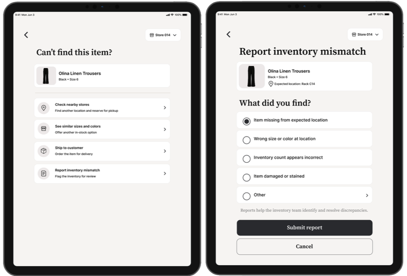 Inventory Simplified issue-resolution flow showing options for inventory mismatches and associate next steps.