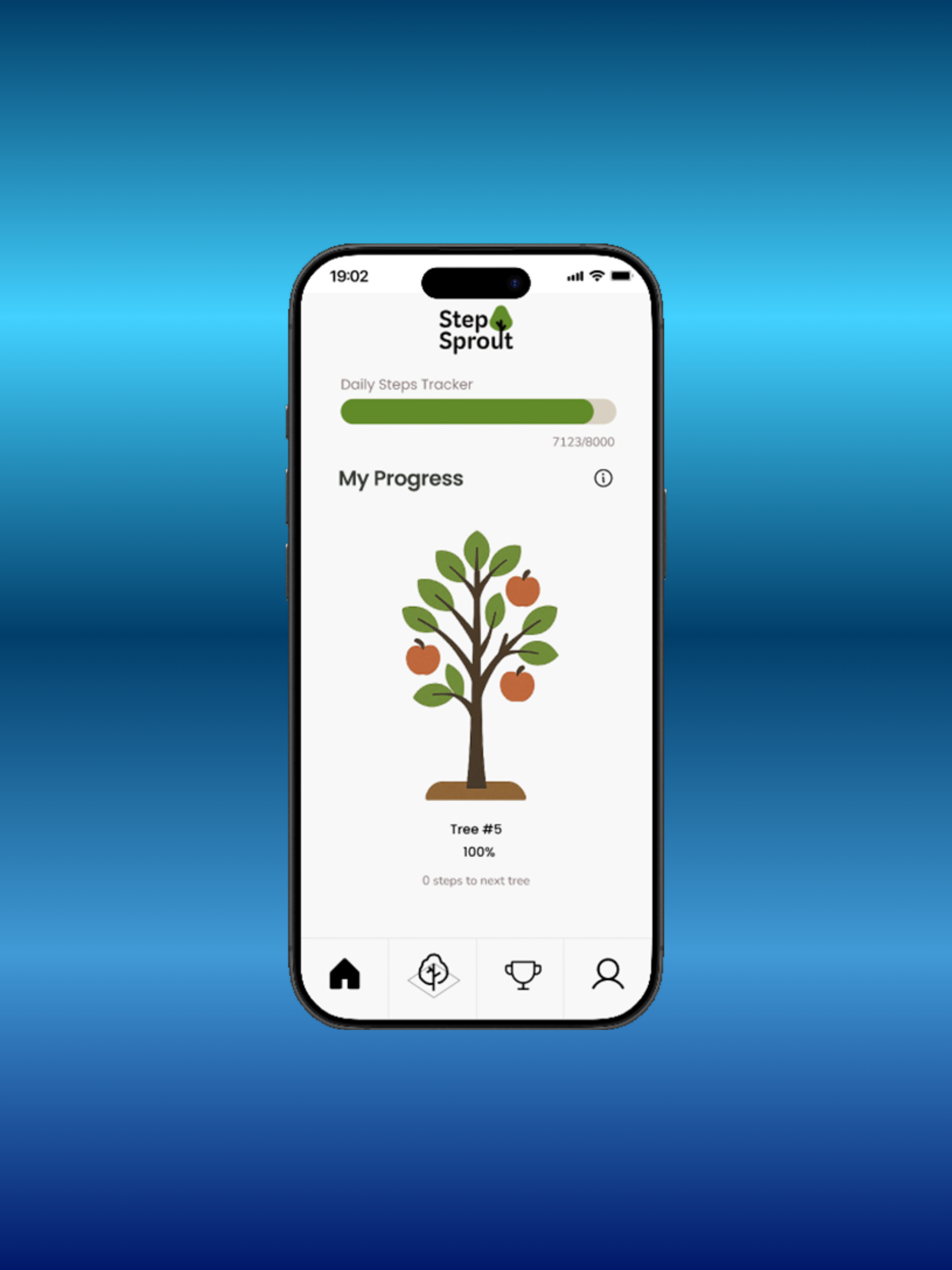 Step Sprout mobile interface showing daily step progress toward tree-planting impact.