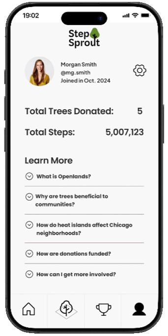 Step Sprout profile showing total steps, trees earned, and educational information about local tree planting.
