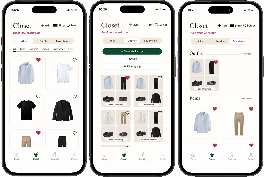 Pack Light Closet screens showing wardrobe organization, filtering, item selection, and favorites.