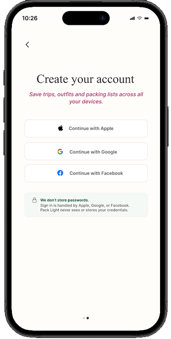 Mobile phone screen displaying a 'Create your account' page with options to continue with Apple, Google, or Facebook, and a note about not storing passwords.