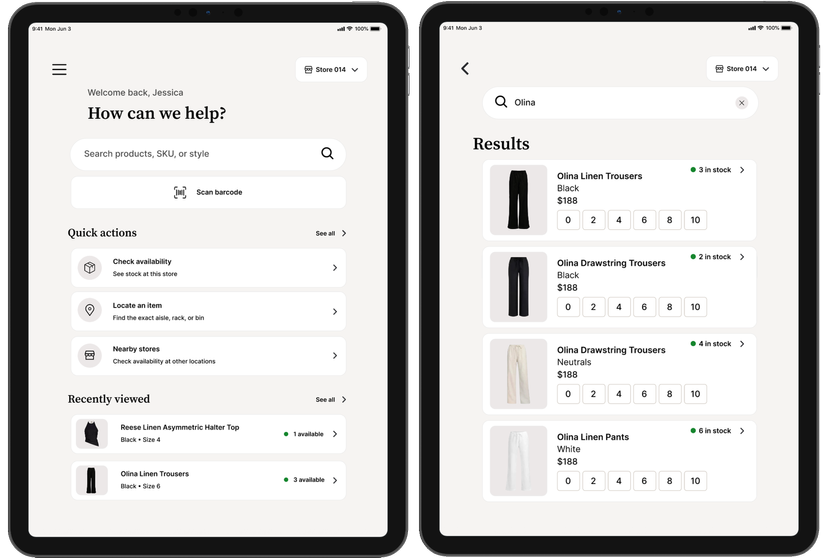 Inventory Simplified search results showing product options, stock availability, and item details.
