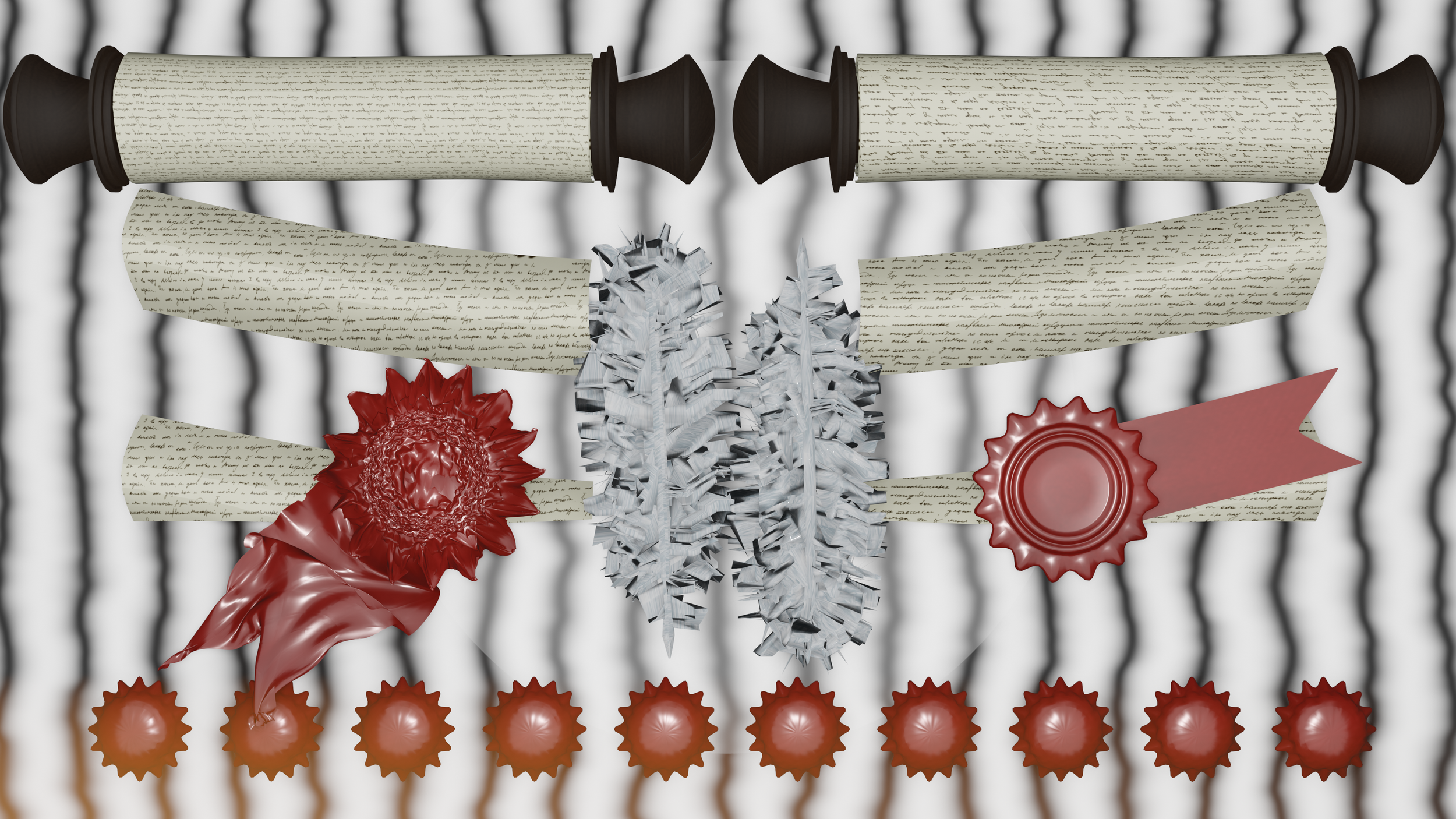 Material render showing layered ribbon, seal, and paper details.