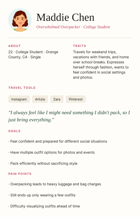 A personal profile resume for Maddie Chen, a college student from Orange County, California, who is described as overwhelmed and an overpacker. The resume details her traits, travel tools, goals, and pain points related to travel and packing.