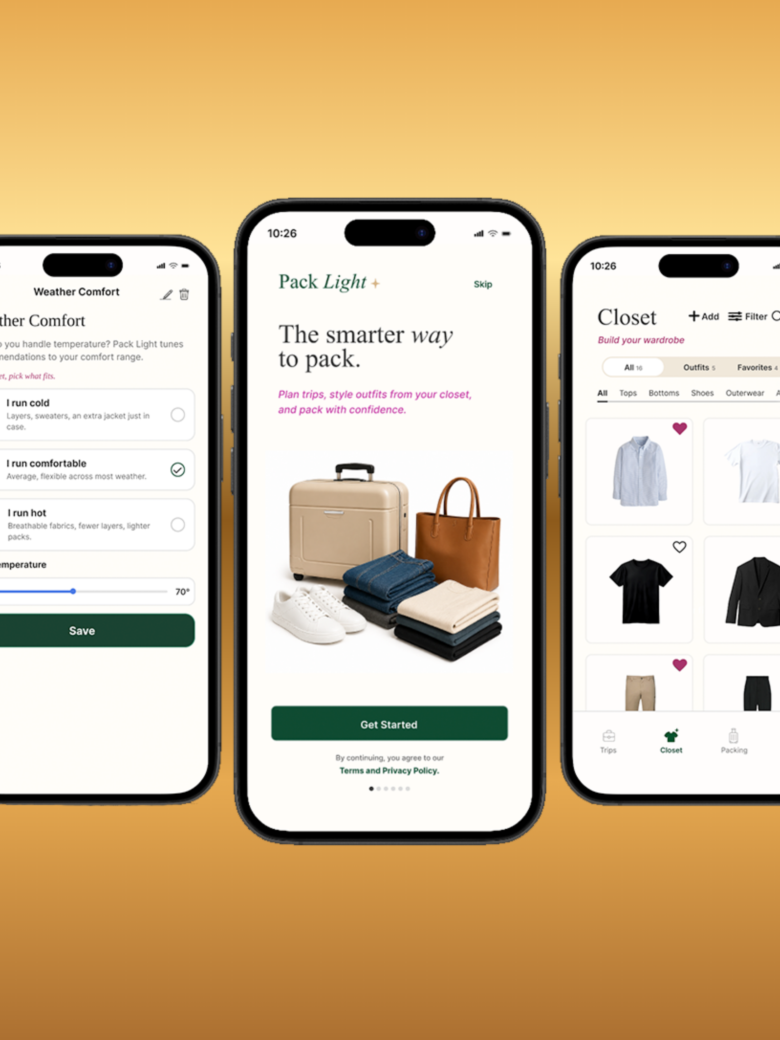 Pack Light mobile screens showing trip planning, wardrobe organization, and packing features.