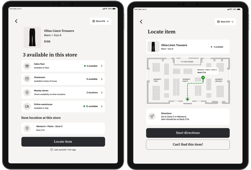 Inventory Simplified item details showing stock availability and in-store item location.