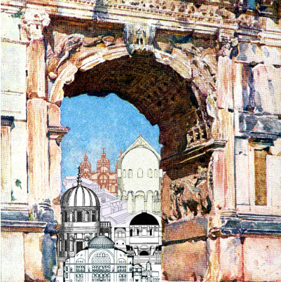 Architectural illustration layering a historic stone archway with a contemporary cityscape.
