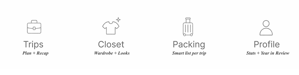 Pack Light navigation for Trips, Closet, Packing, and Profile.