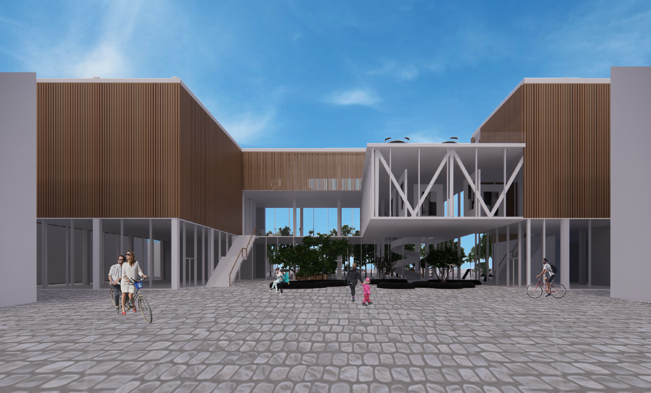 Modern building with a cobblestone plaza, featuring trees and people walking and cycling.