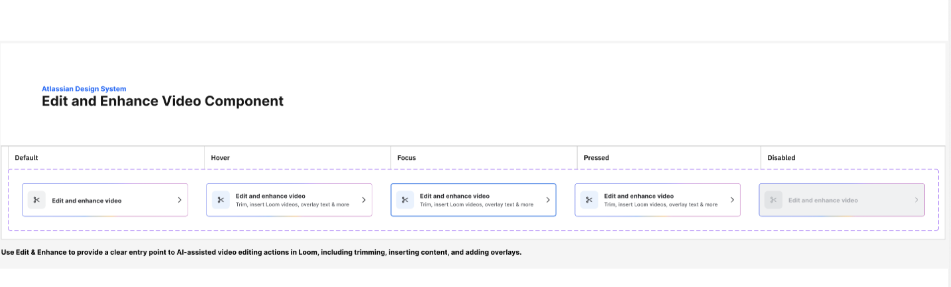 Atlassian Loom Edit and Enhance component showing interaction states for AI-assisted video editing.