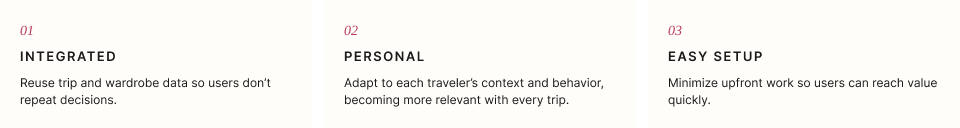 Pack Light design requirements focused on an integrated experience, personalization, and easy setup.
