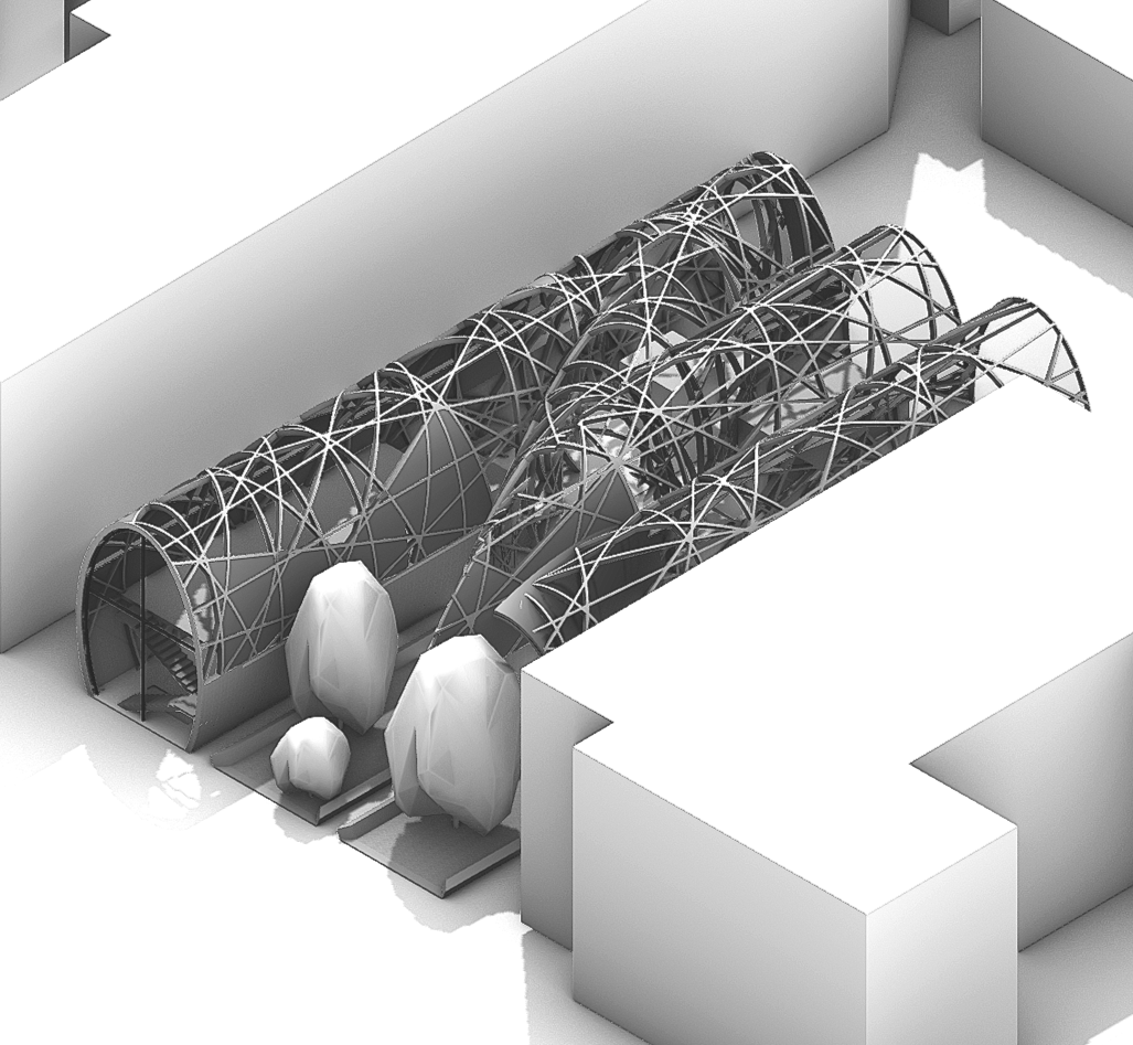 Architectural rendering of an sunken indoor arboretum with an arched glass structure and plants.