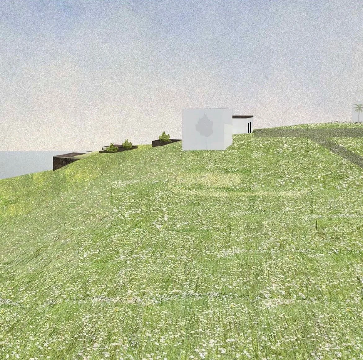 Architectural rendering of a modern museum integrated into a grassy hillside landscape.