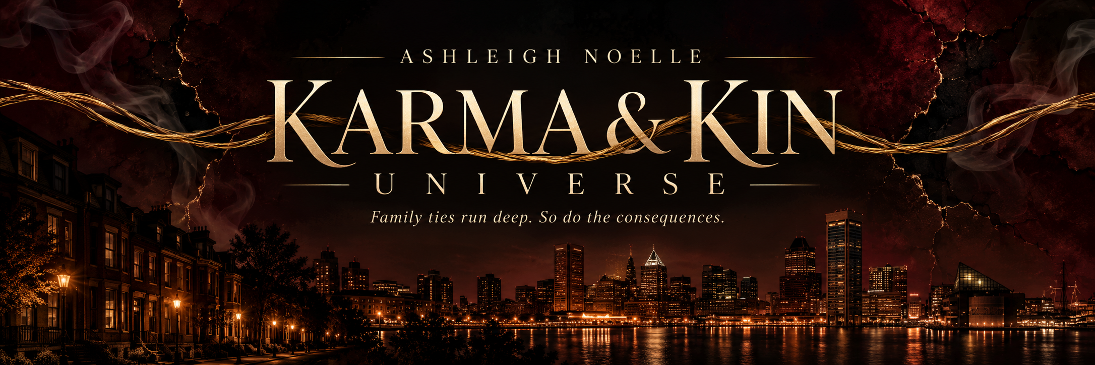 Poster for 'Karma & Kin Universe' featuring a city skyline at night with dark clouds and lightning, tagline 'Family ties run deep. So do the consequences.' in front of a dark background.