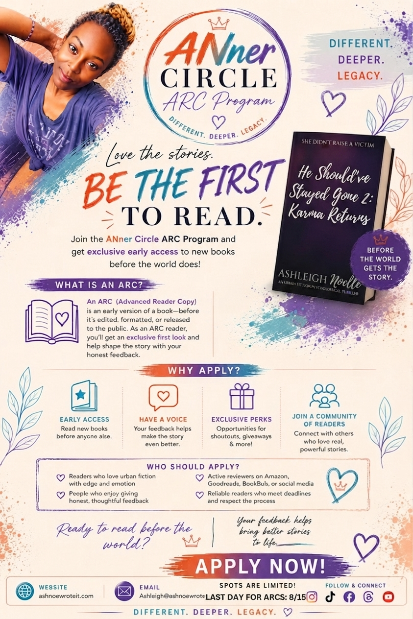 Advertisement for the ANner Circle ARC Program promoting early access to books and encouraging reading through stories, featuring a young woman with braided hair, colorful text, a book cover, and decorative elements.