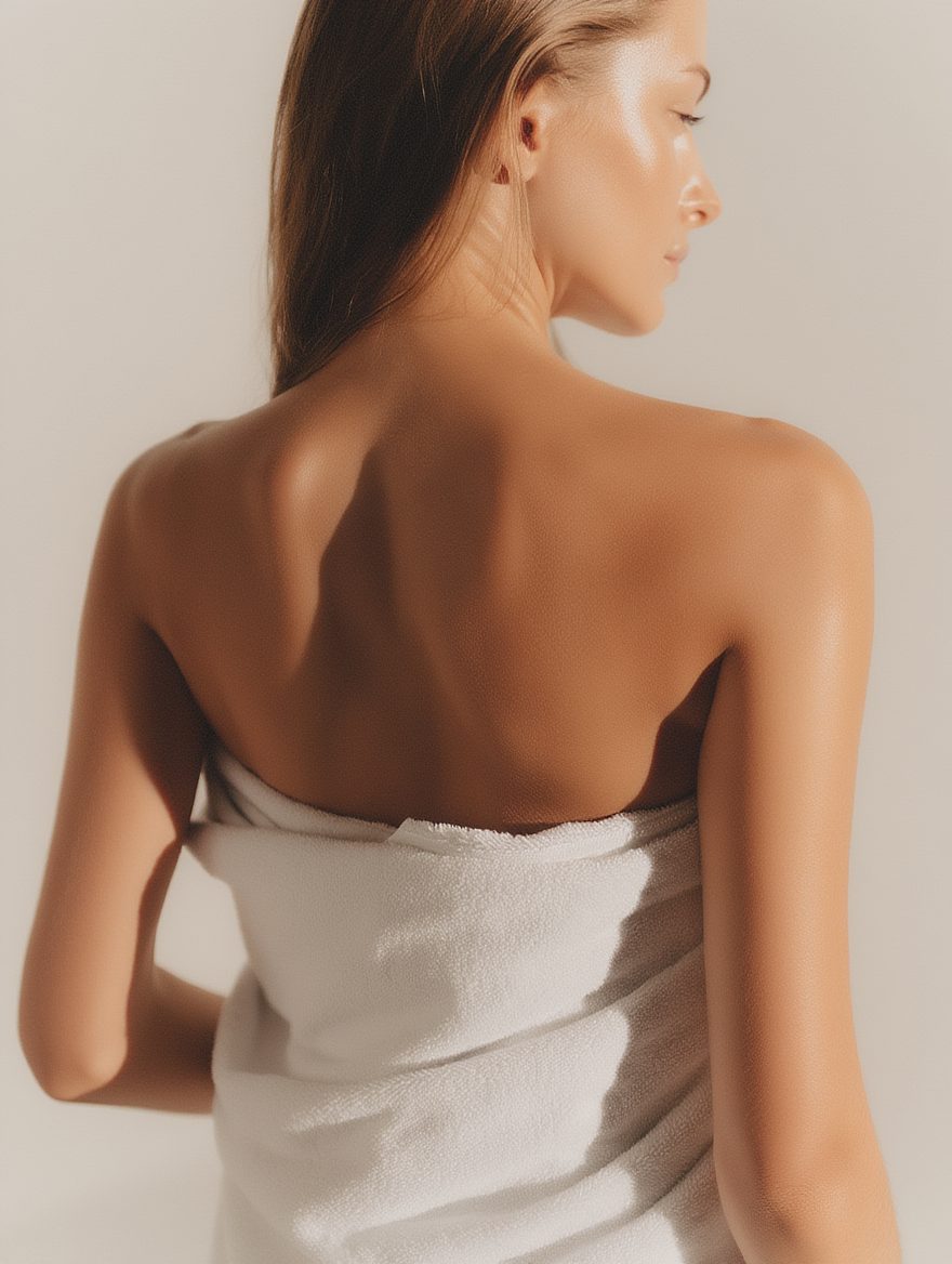 A woman with light skin and long hair, wrapped in a white towel, looking to the side against a plain background.