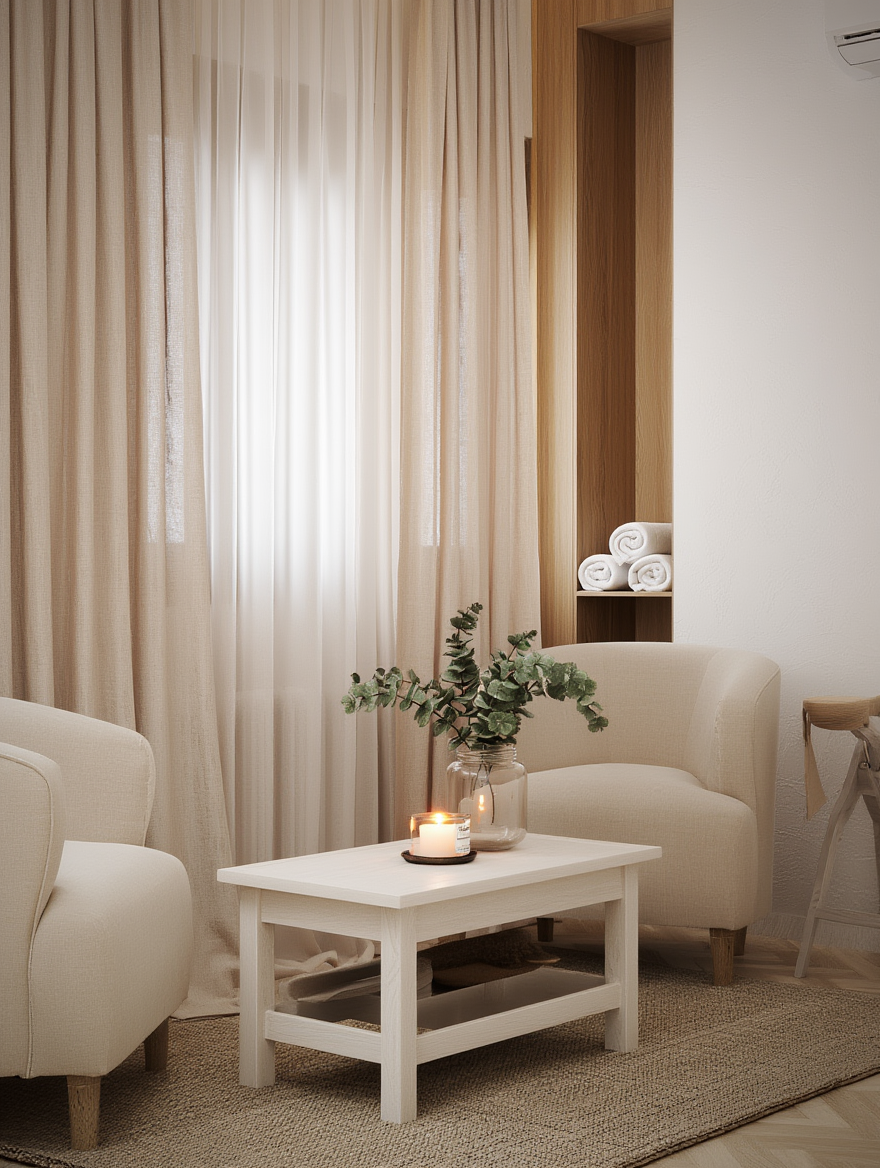 Cozy living room corner with beige sofa, armchair, white coffee table, lit candle, green plant in glass jar, beige curtains, and rolled white towels on a shelf.
