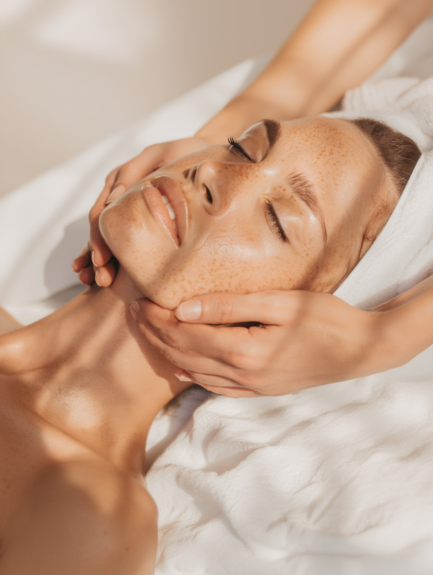 A woman receiving a facial massage in a spa or salon setting with a towel wrapped around her head and lying on a white sheet or towel.