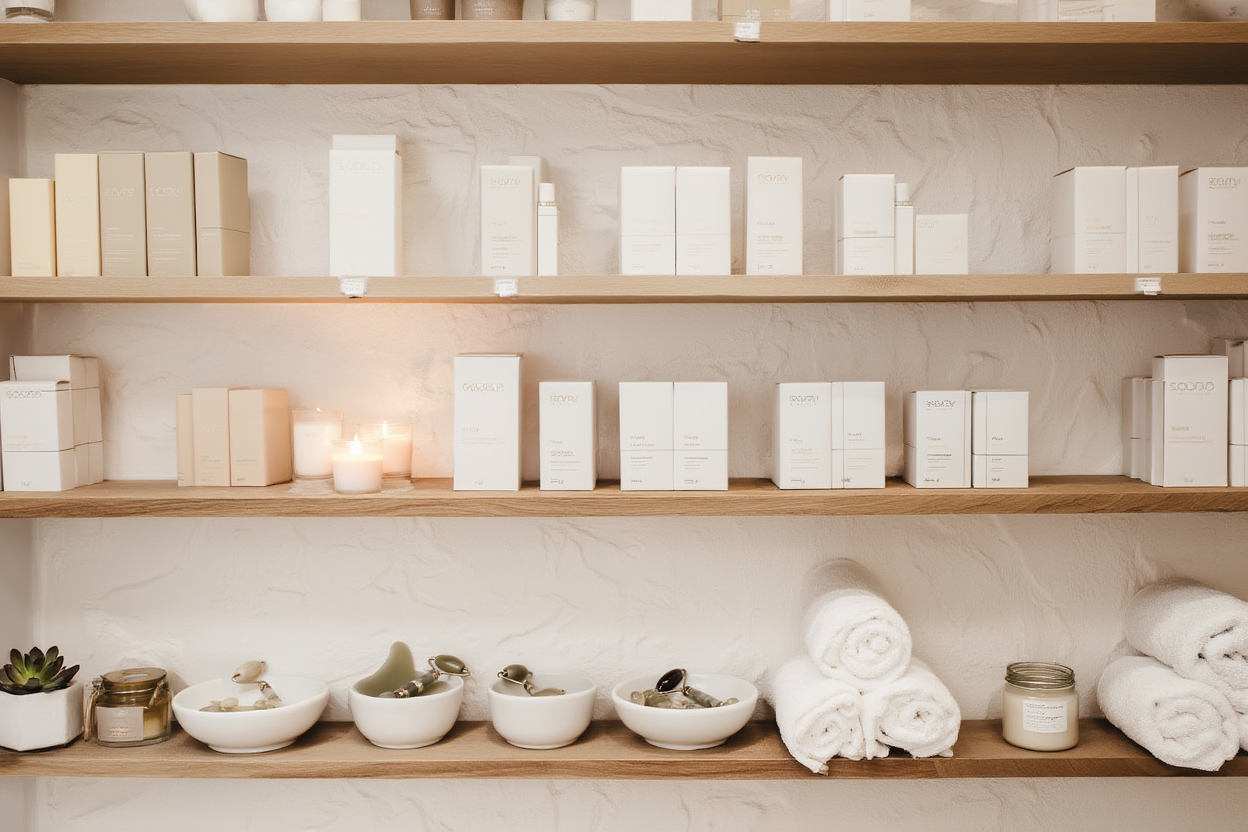 A bathroom or spa shelf with skincare products, candles, rolled towels, and small bowls containing jewelry or stones, with a neutral, textured wall background.