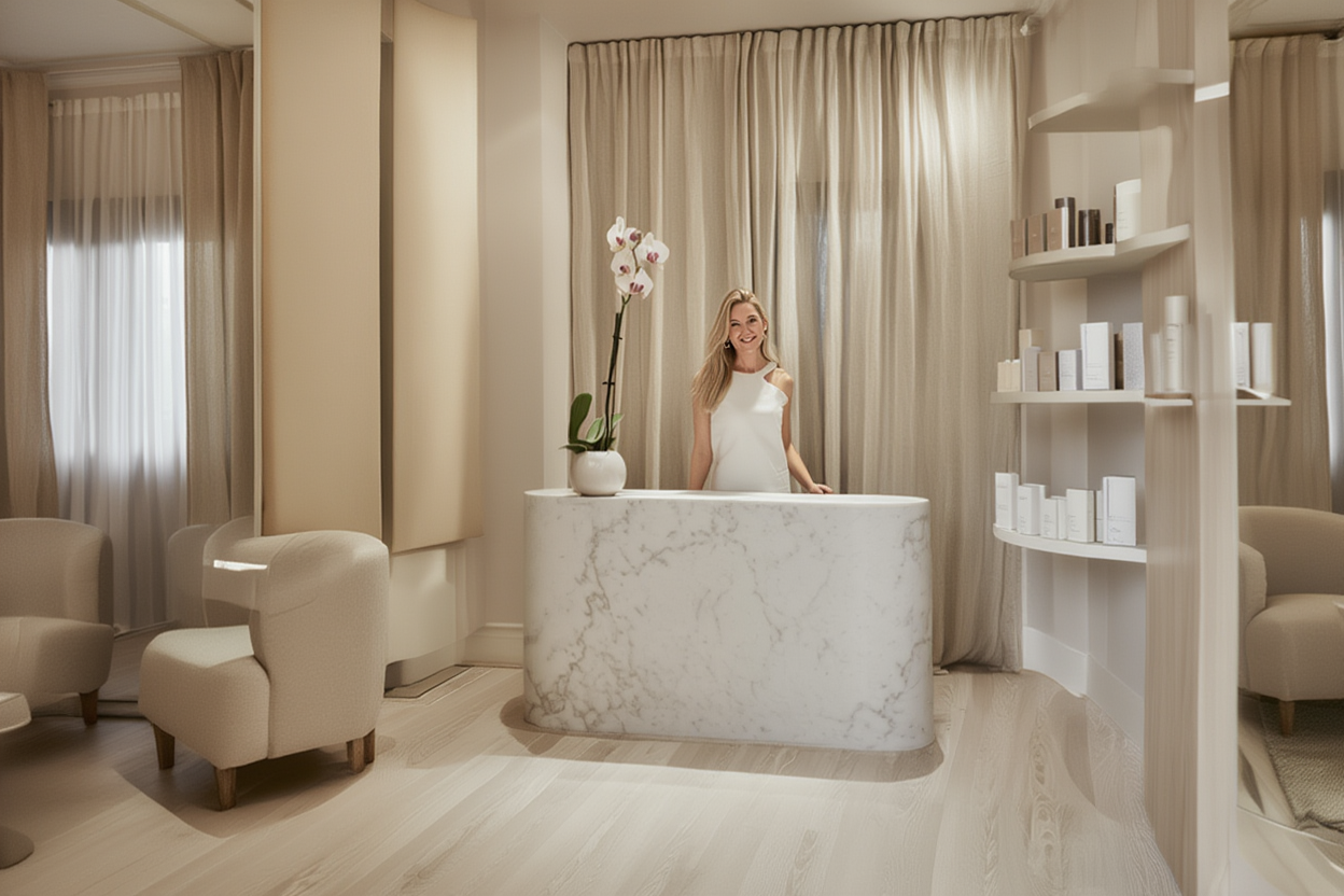 A woman wearing a white dress standing behind a white marble reception desk with a potted orchid on it, in a warmly lit waiting area with beige chairs, curtains, and built-in shelves.
