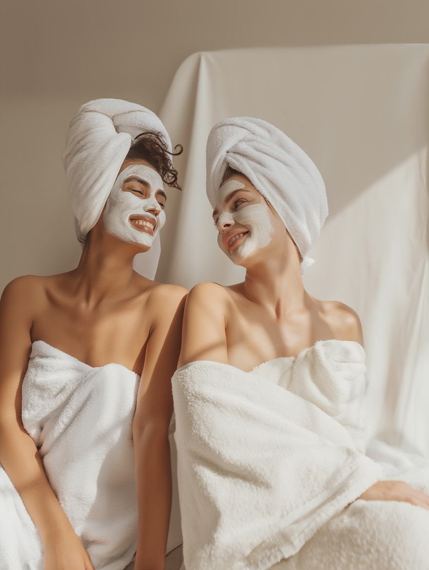 Two women wrapped in white towels with towels on their heads and white facial masks, smiling and enjoying a spa treatment.