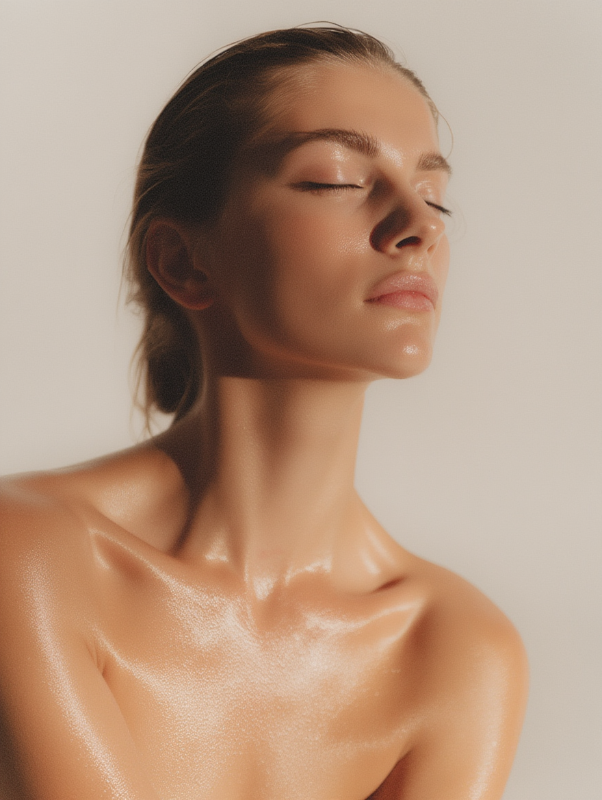 Close-up of a woman with her eyes closed, glowing skin, and exposed shoulders, in soft lighting.
