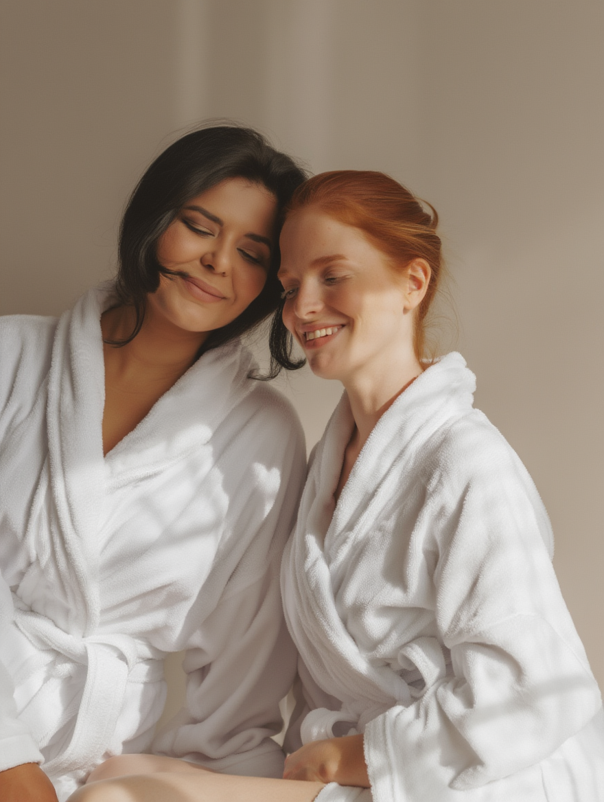Two women wearing white bathrobes relaxing with their heads together, smiling softly with eyes closed, in a spa or wellness setting.
