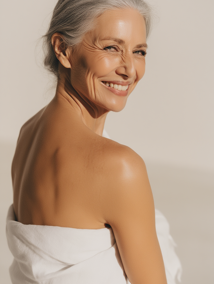 Senior woman with gray hair smiling and looking back, wrapped in a white towel.