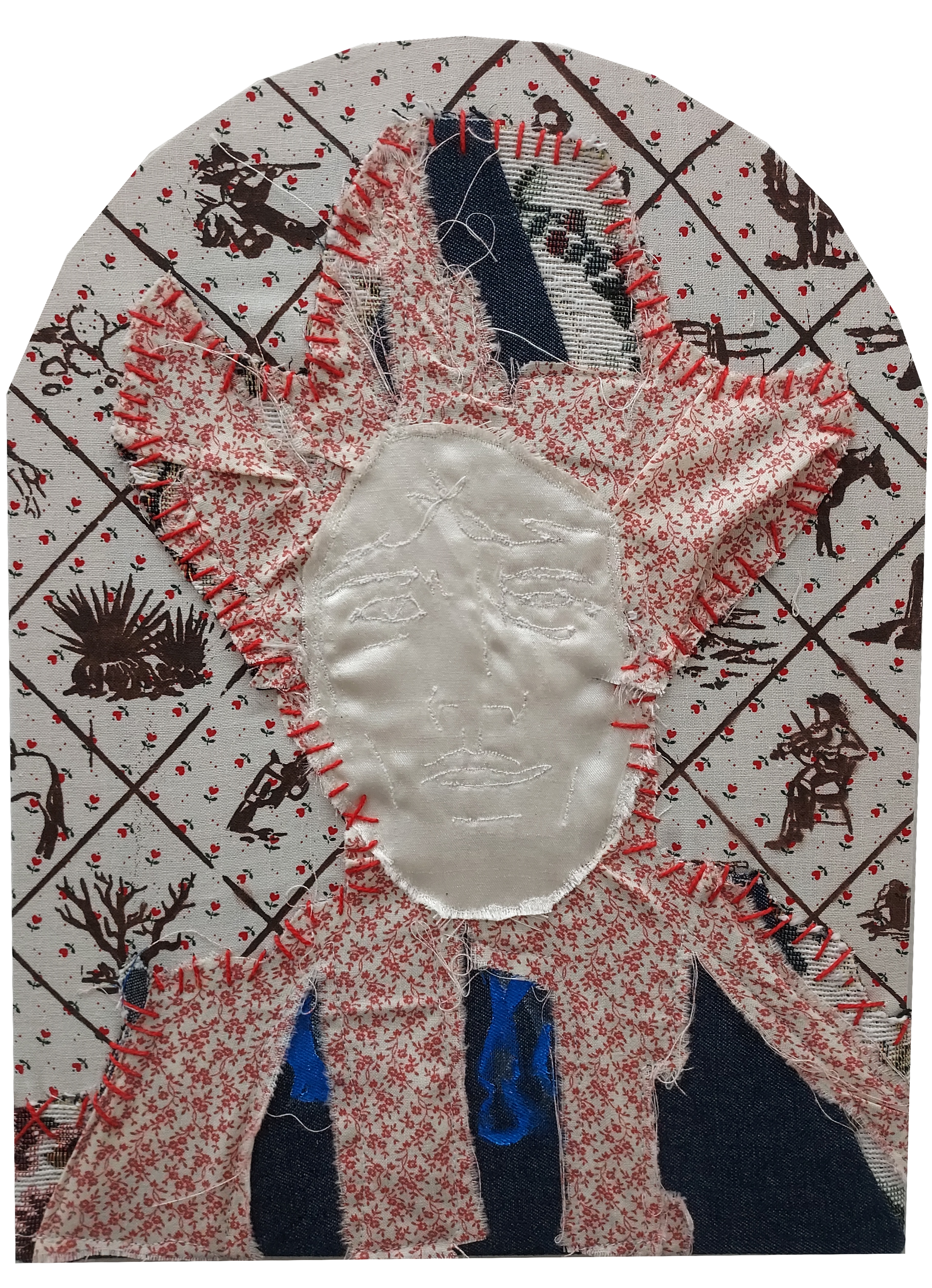 Portrait composed of found textiles, silk, embroidery floss, and screen printing. Depicts Giuliano Gemma as seen in I giorni dell'ira
2024.