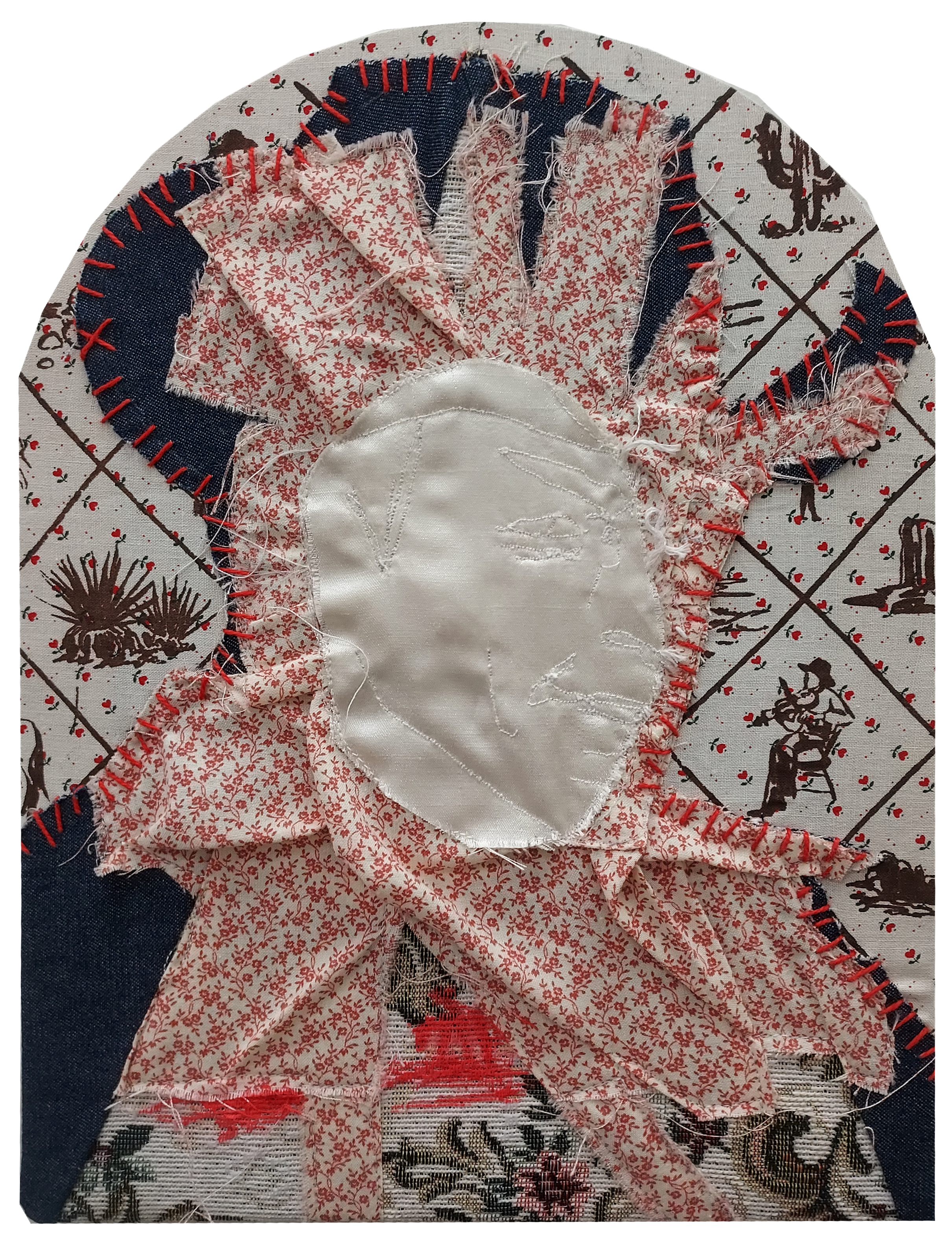 Portrait composed of found textiles, silk, embroidery floss, and screen printing. Depicts Lee Van Cleef as seen in I giorni dell'ira
2024.