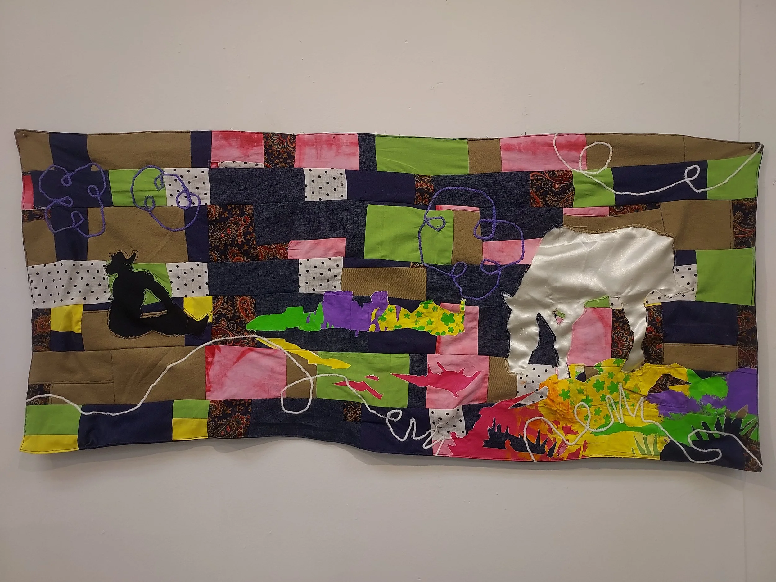 Found textiles, silk, yarn, acrylic paint.
2024.