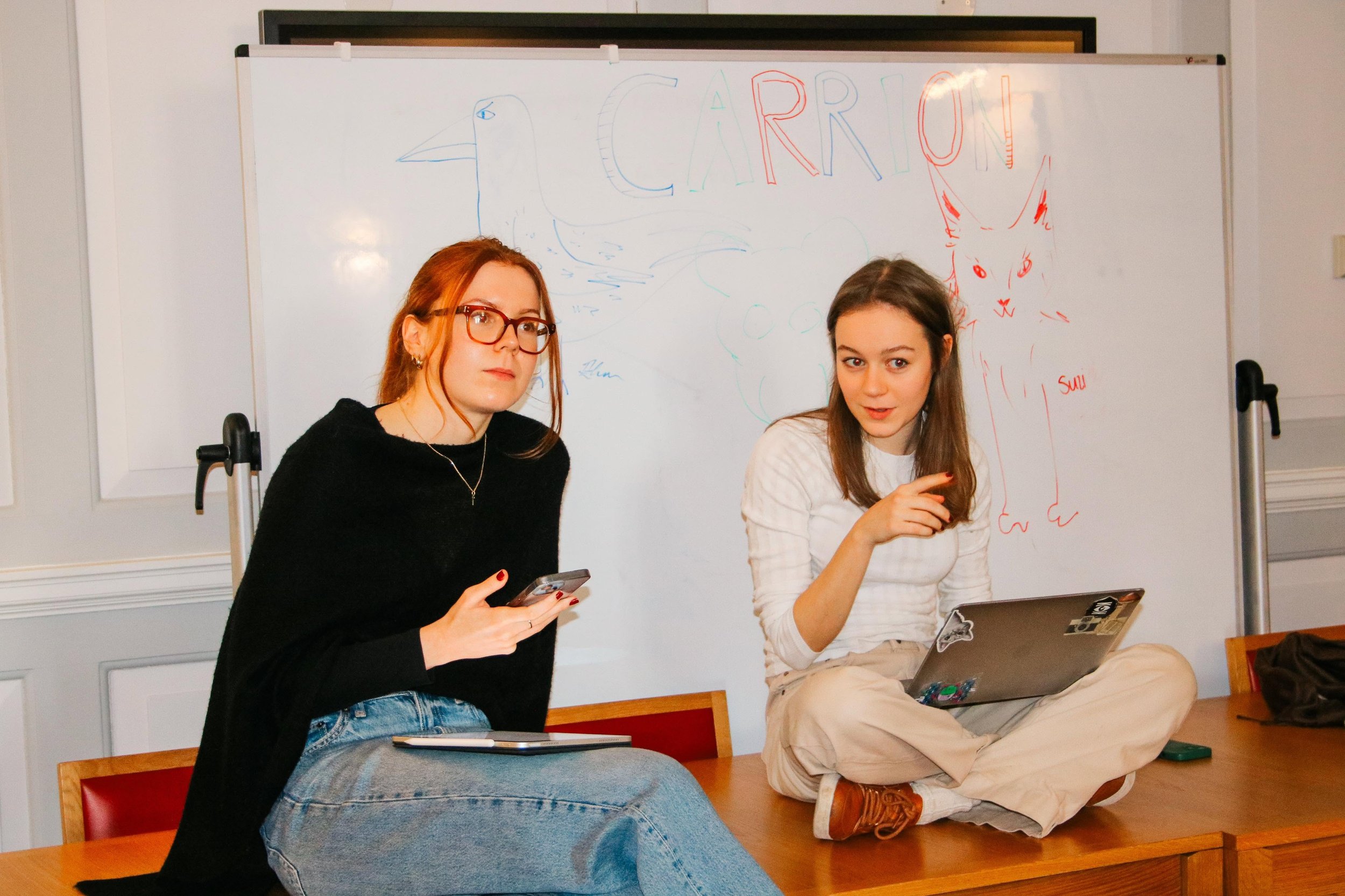 Two young women are sitting on a table in front of a whiteboard with colorful drawing and writing, including the word 'CARRION' and a sketch of a bird.