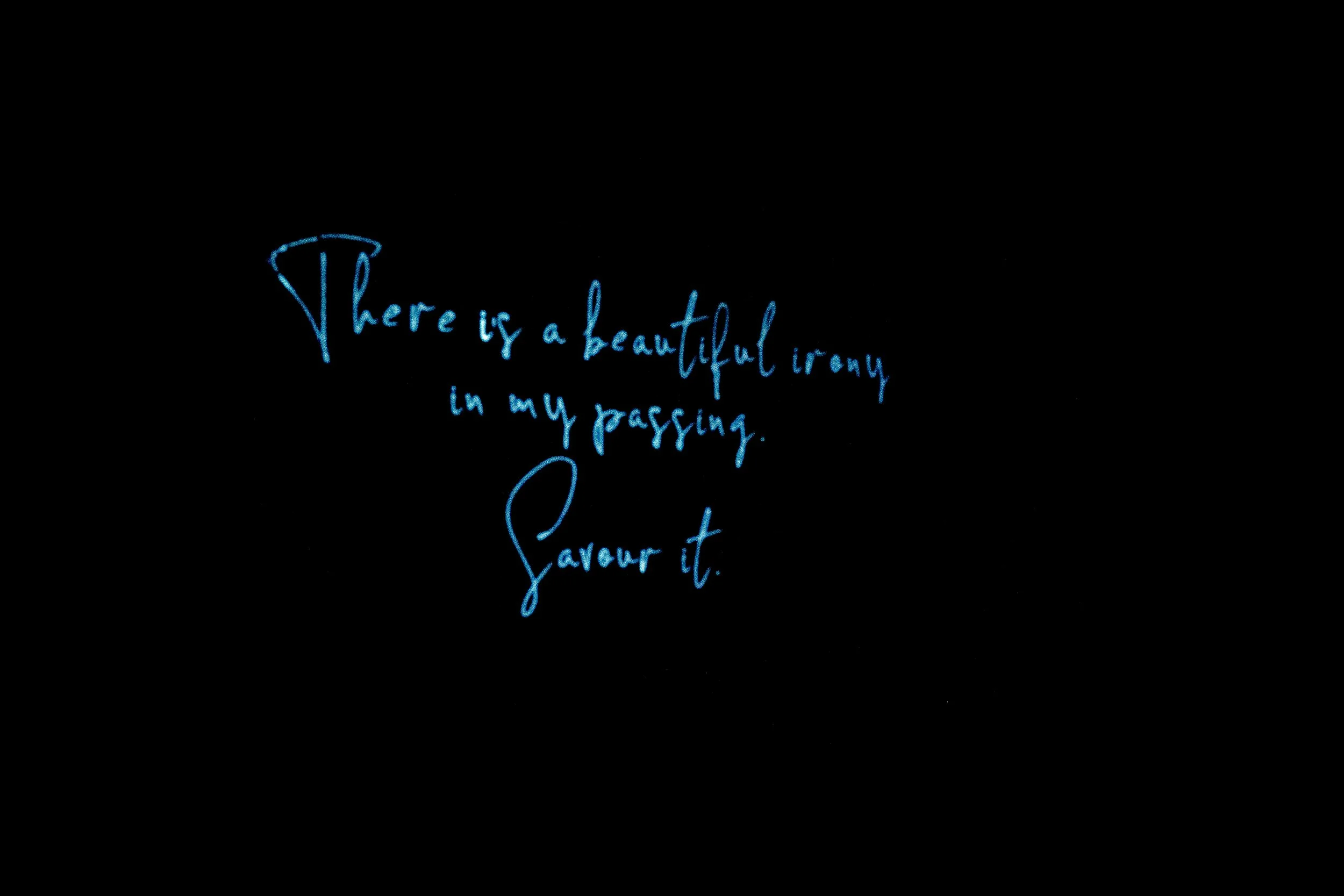 Neon sign with the words 'There is a beautiful irony in my passing. Enjoy it.' written in blue cursive letters on a black background.