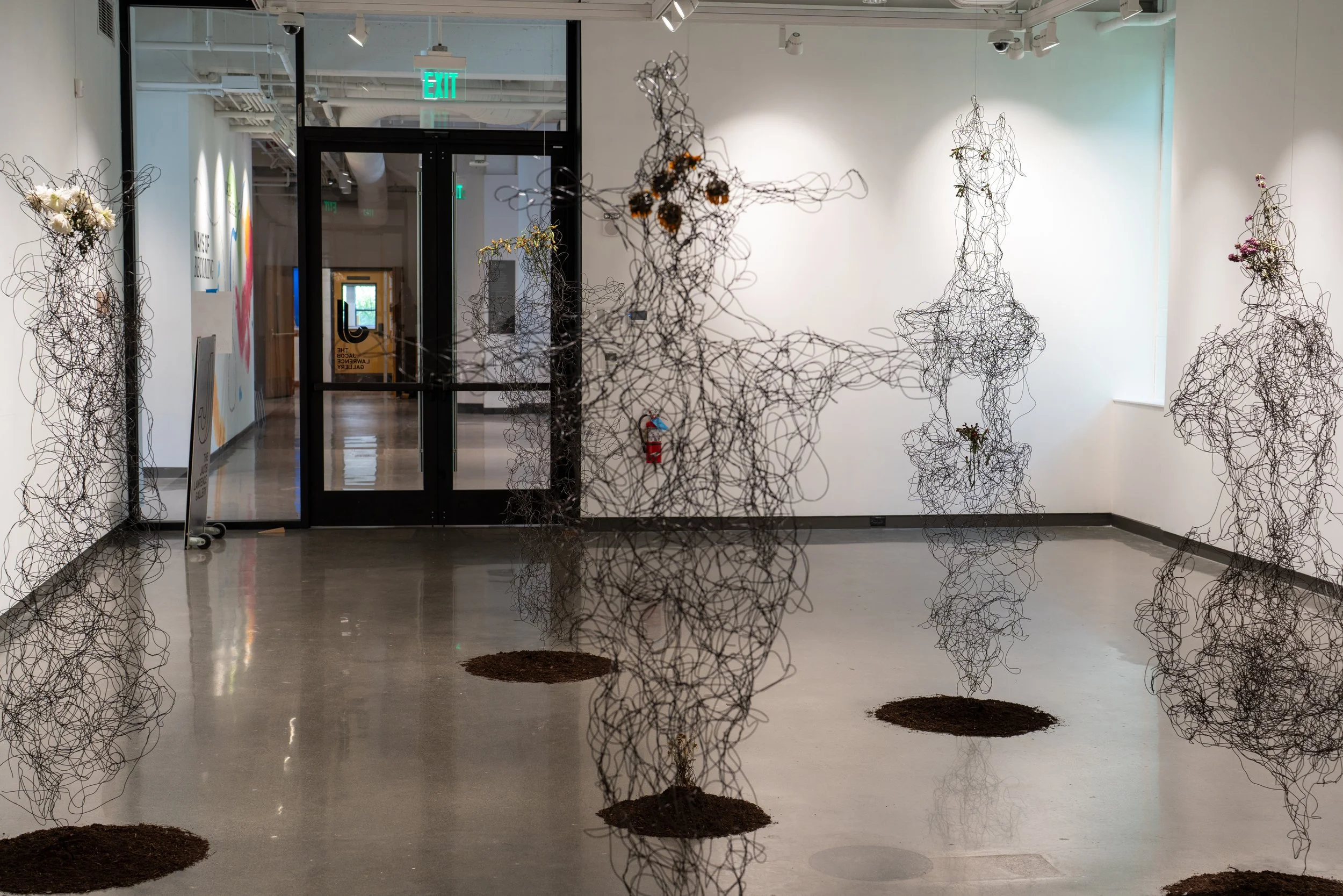 Discord, denied, departed, you and I, 2026, 75" x 75" x 85", Wires, dirt, flowers