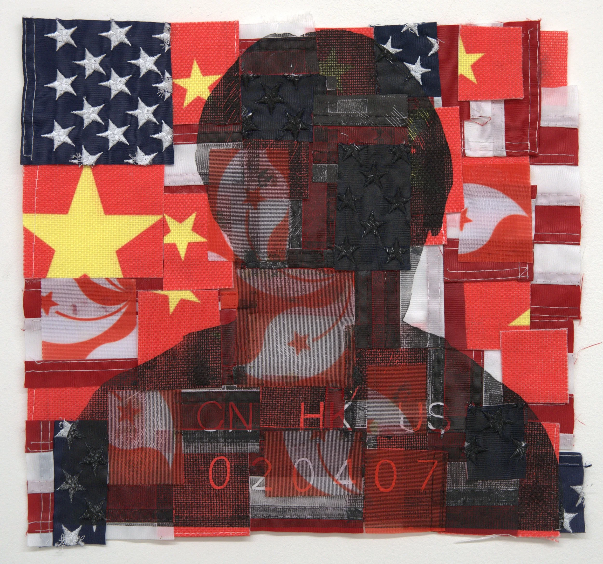 Mug Shot, 2025, 12"x 12", linocut print on collage of America, China, and Hong Kong flags 
