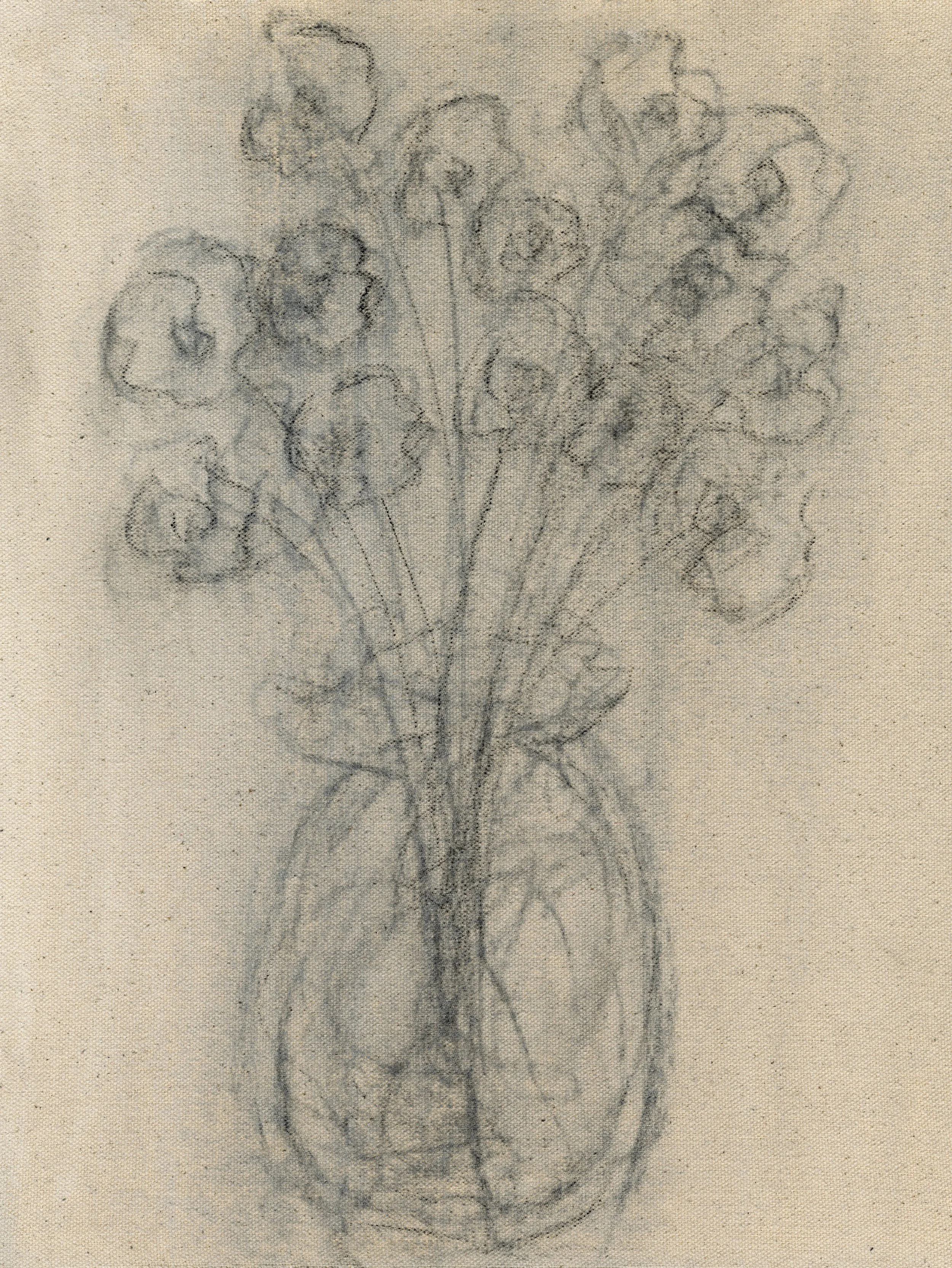 14 flowers, 2026, 11" x  8", charcoal and gesso on canvas
