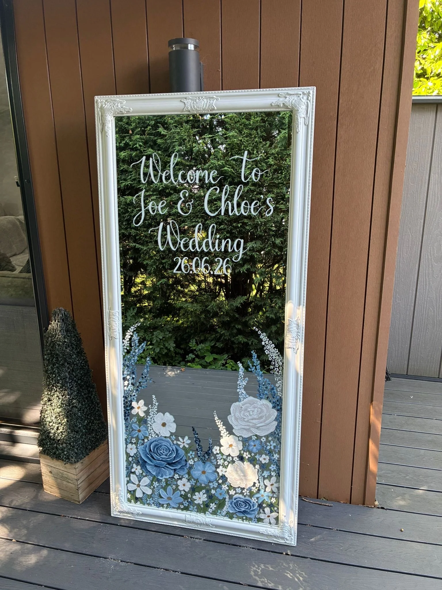 Floor length blue floral mirror