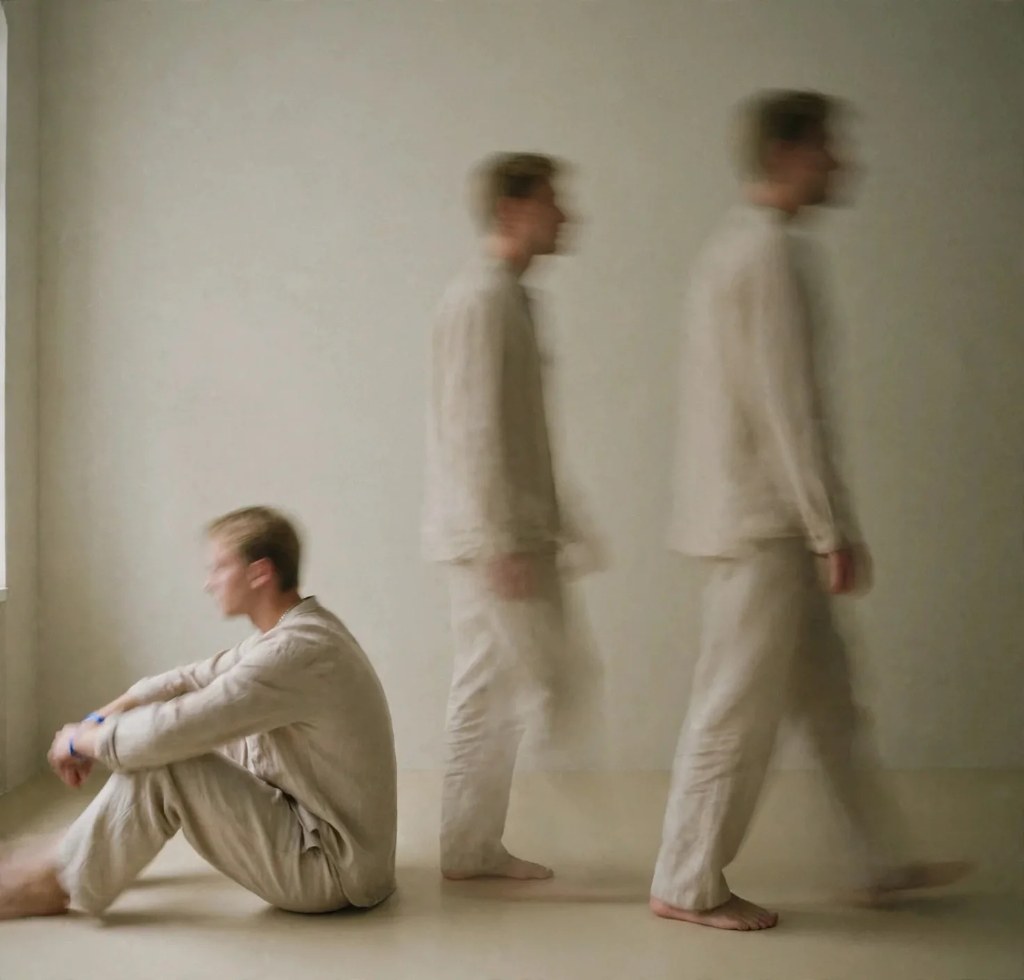 Four people in beige pajamas in a minimalist room with beige walls and floor. One person is sitting on the floor with legs crossed, while three are standing or walking, with blurred motion, creating a surreal effect.