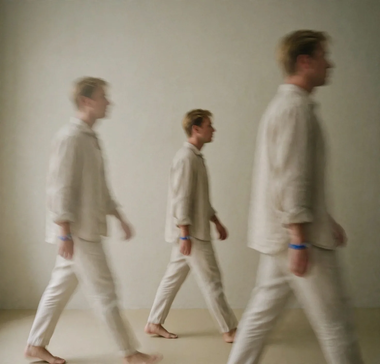 Four people in beige outfits walking in a line, moving from left to right, blurred motion against a plain wall.