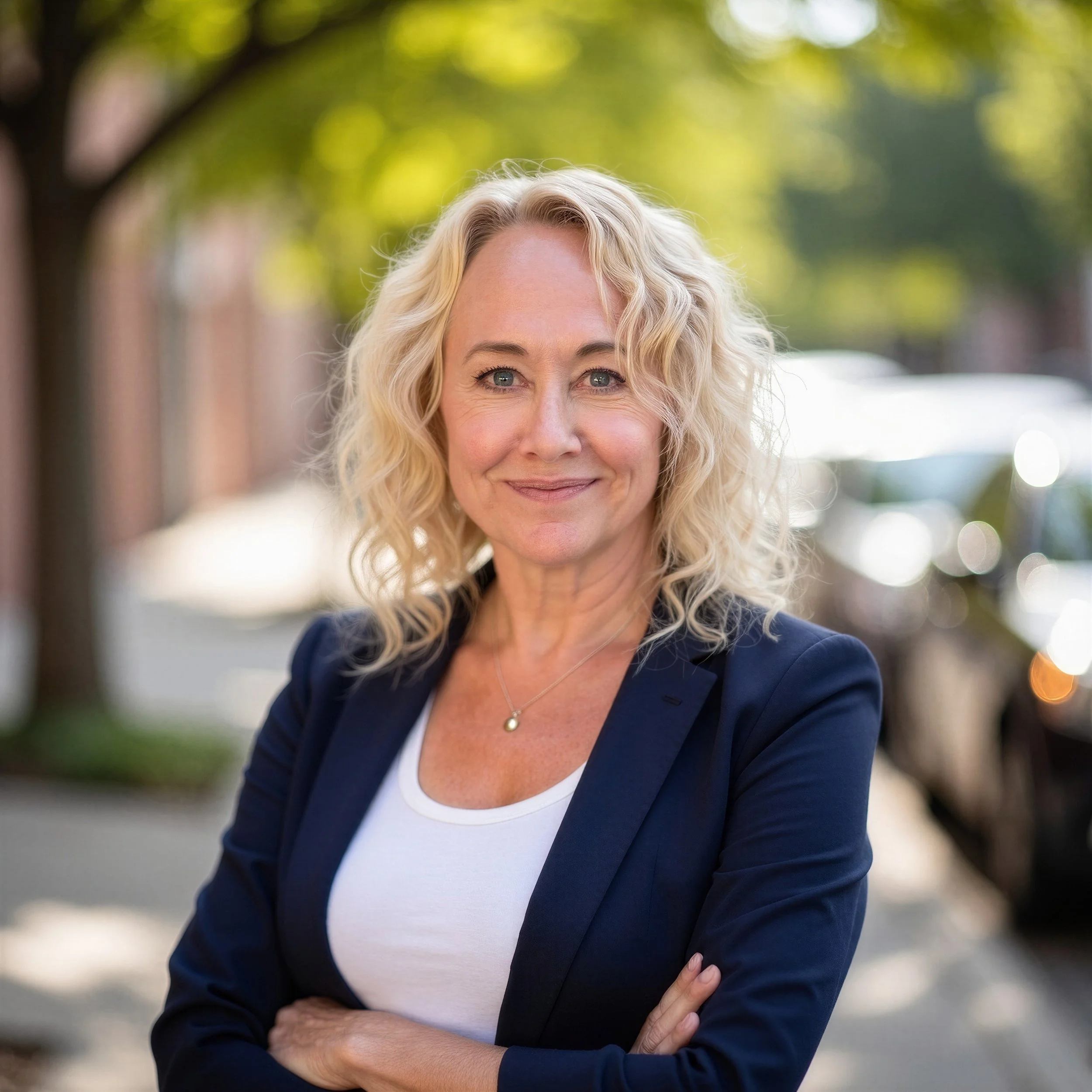 Close-up of middle-aged woman with curly blonde hair smiling outdoors, wearing a navy blazer and white t-shirt, standing with crossed arms against a blurred background of trees and sunlight.