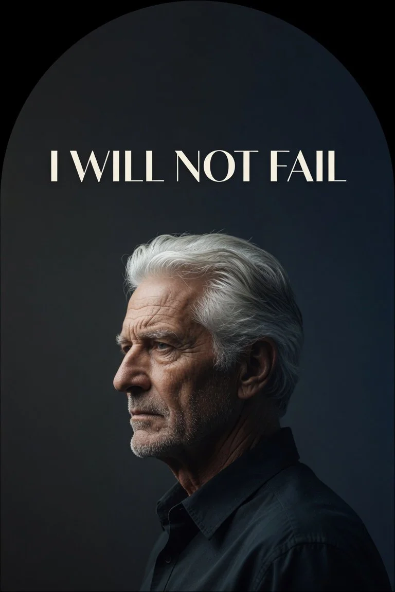 Side profile of an elderly man with white hair, wearing a black shirt, and the text 'I WILL NOT FAIL' above him.