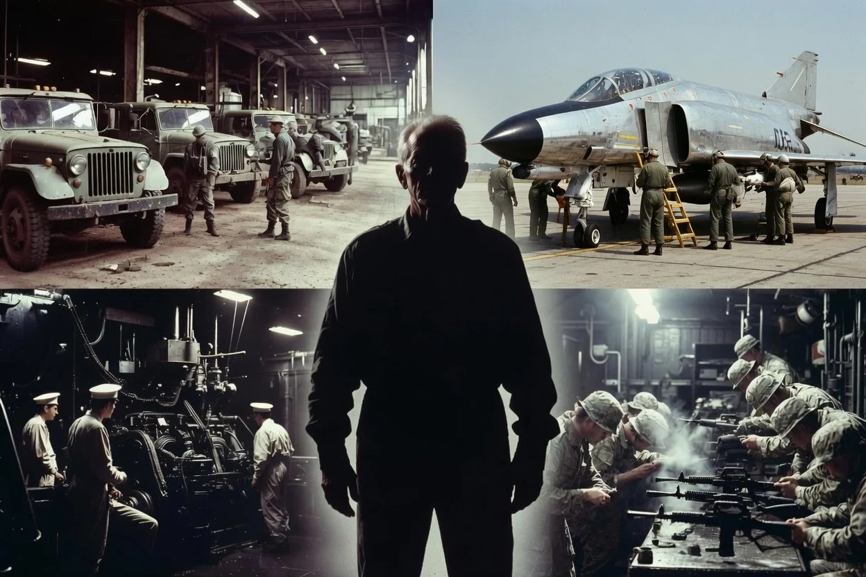 A collage of military scenes, including vintage military vehicles in a warehouse, a fighter jet on the tarmac with ground crew, sailors operating machinery, and soldiers handling rifles.