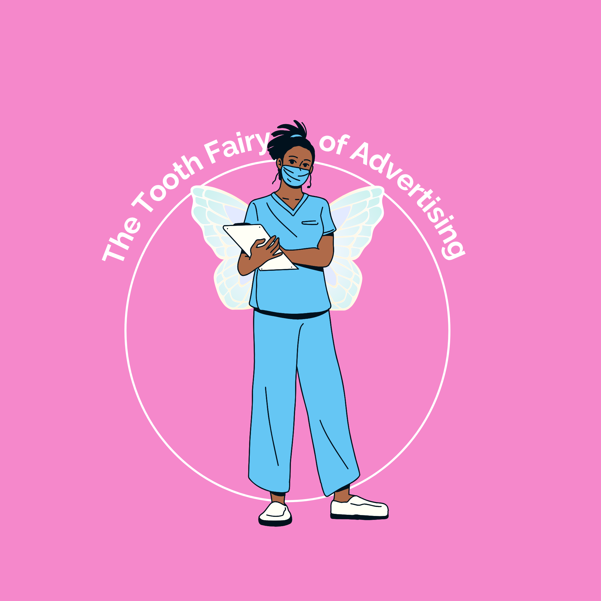 An illustration of a healthcare worker with fairy wings holding a clipboard and wearing a face mask on a pink background, surrounded by a partial white circle with text.