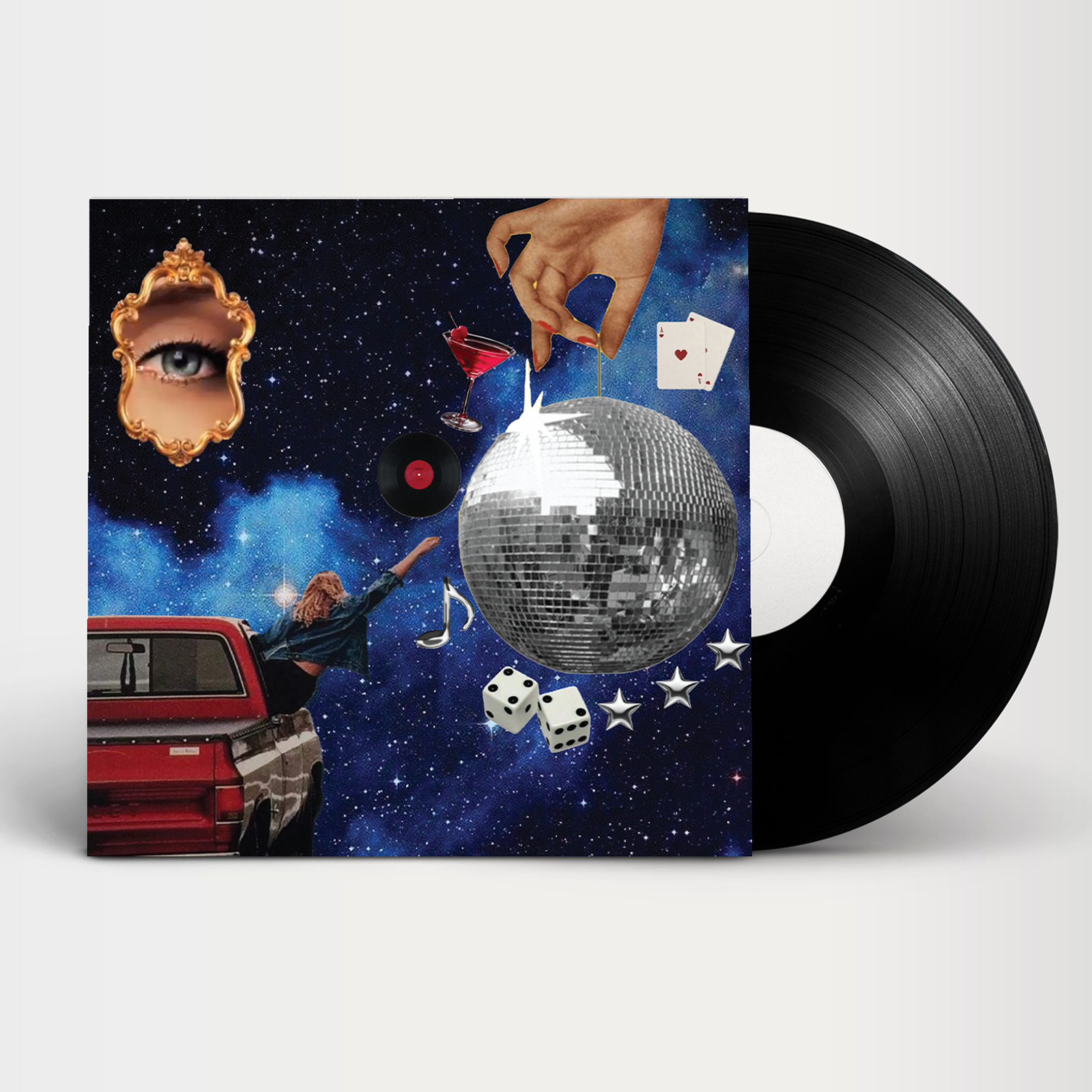 A vinyl record is partially visible on the right side of the image. A collage features a hand holding a small martini glass, a silhouette of a disco ball, playing cards, dice, and various other objects set against a starry night sky background.