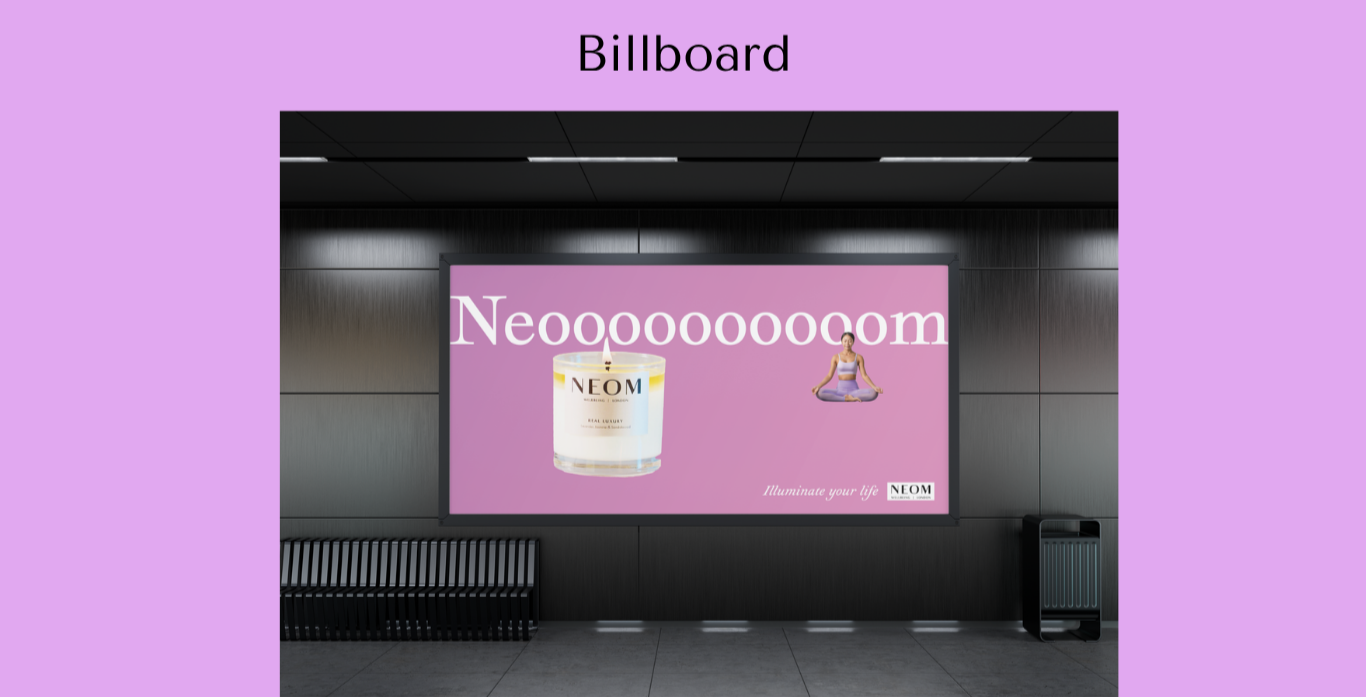 Large billboard in a subway station with a pink background advertising NEOM scented candles and a woman in a yoga pose, with black walls, a bench, and a trash can nearby.