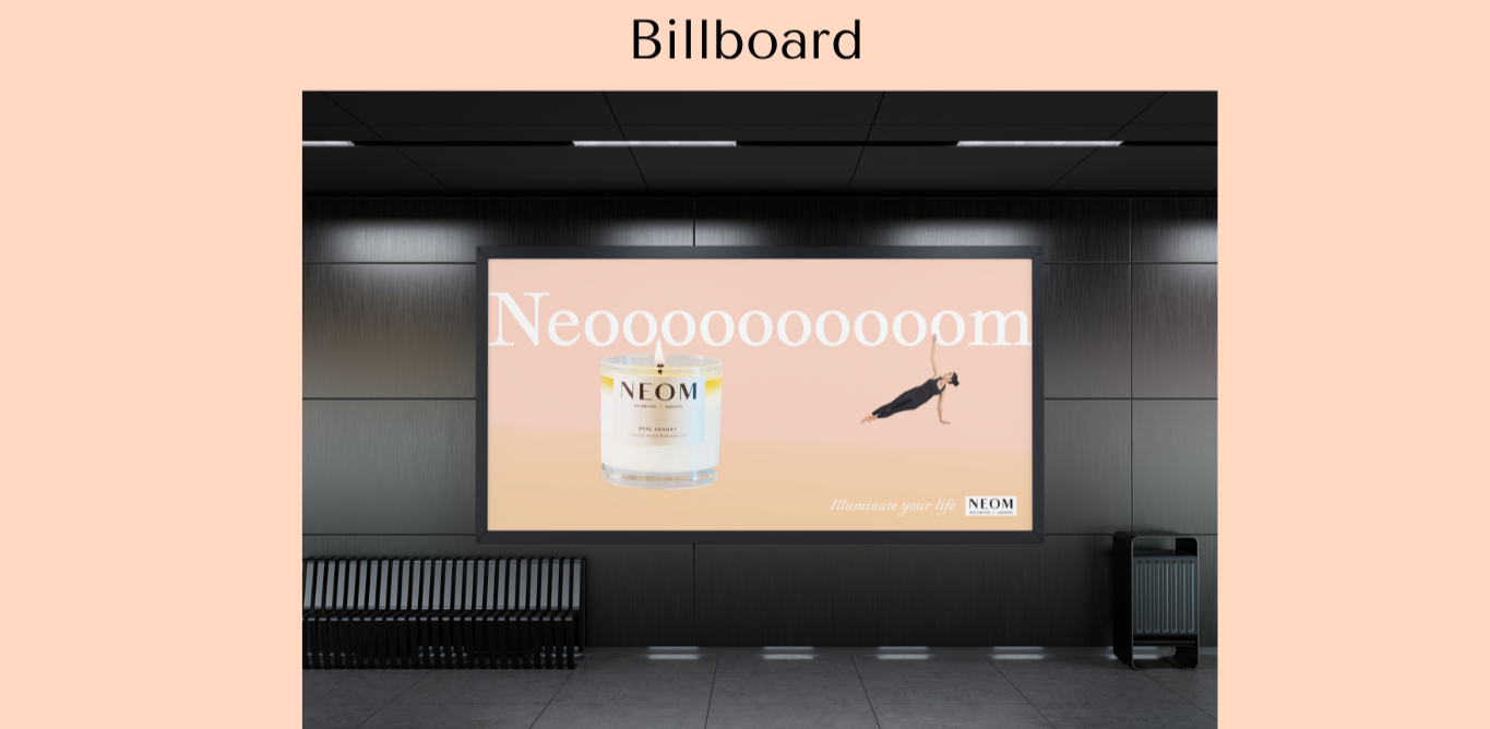 An indoor advertisement billboard with a pink background, featuring a large candle labeled 'NEOM' and a silhouette of a woman doing yoga, along with the text 'Neogoooooorm' and 'Illuminate your life' in smaller font.