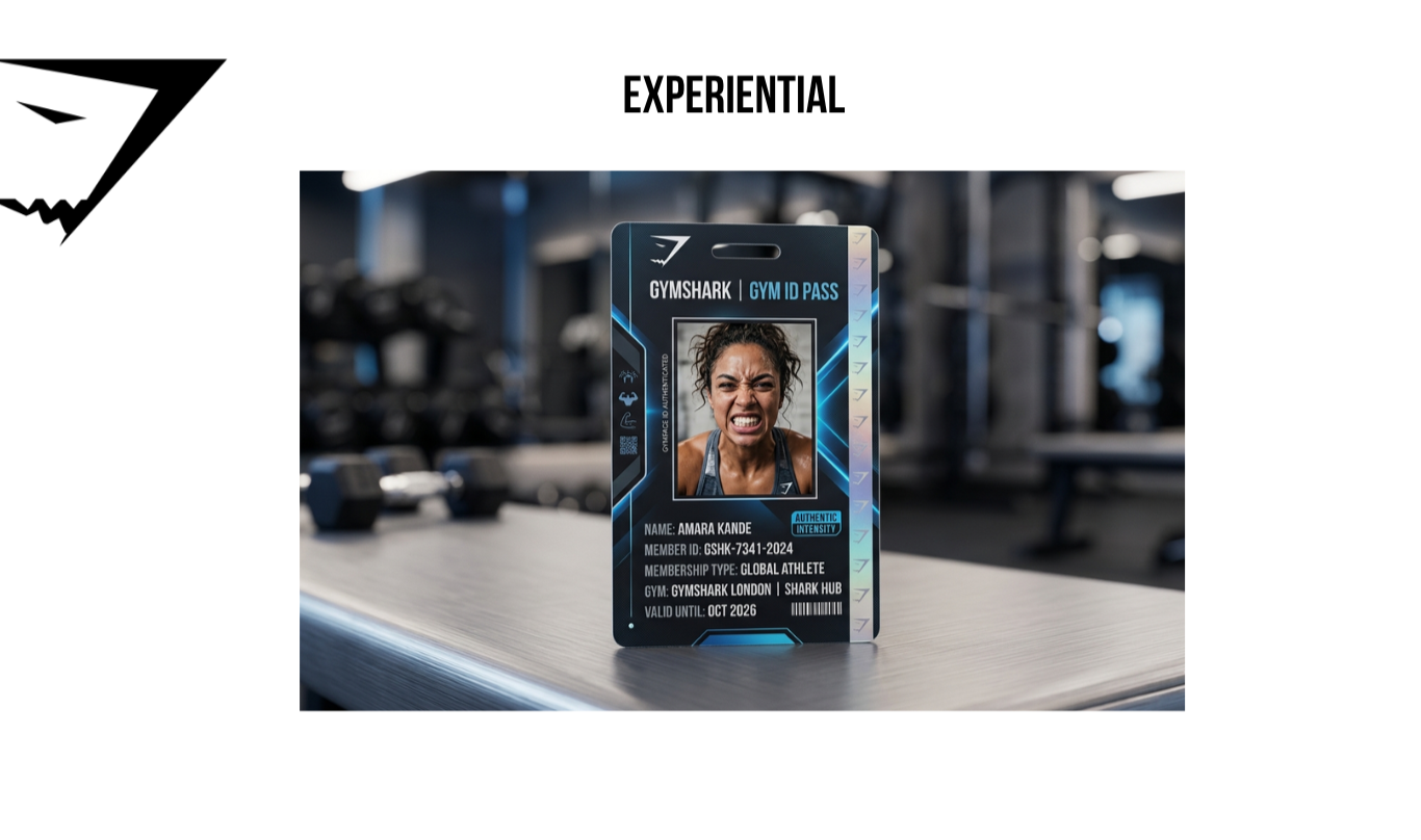 A Gymshark gym ID pass featuring a woman making a fierce face in a gym setting, with a background of gym equipment and a blurred gym interior.
