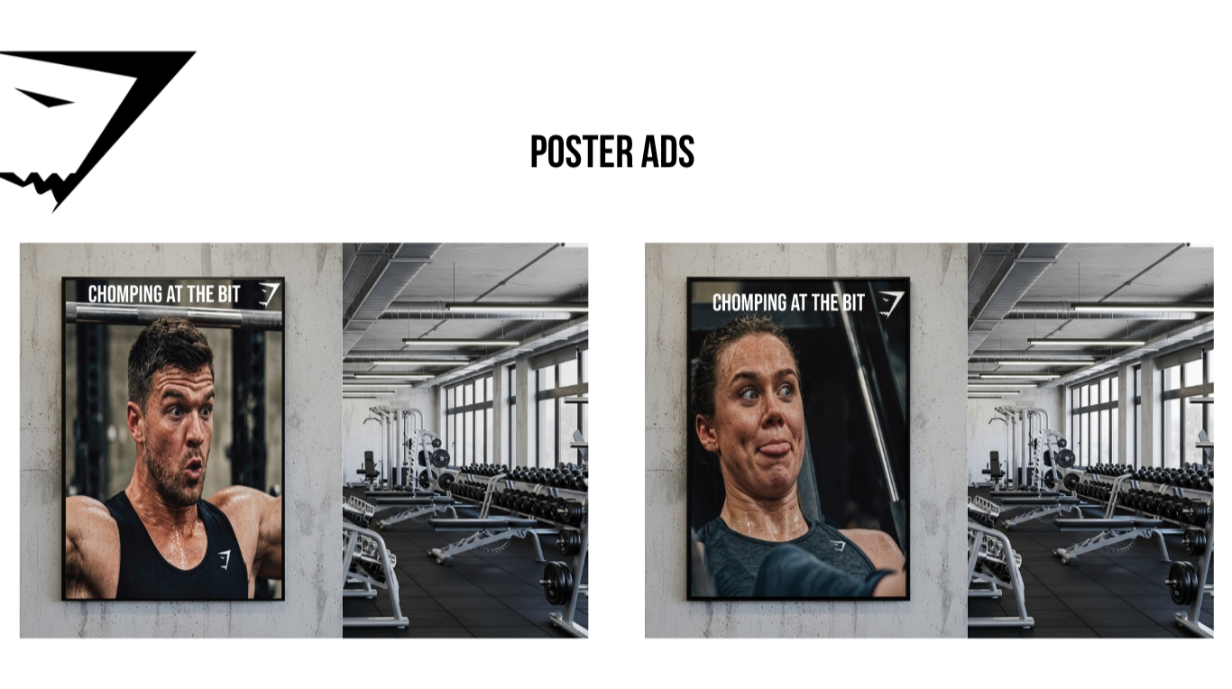 Posters featuring people working out at the gym with the text "Chumping at the Bit"; gym interior with exercise equipment visible.