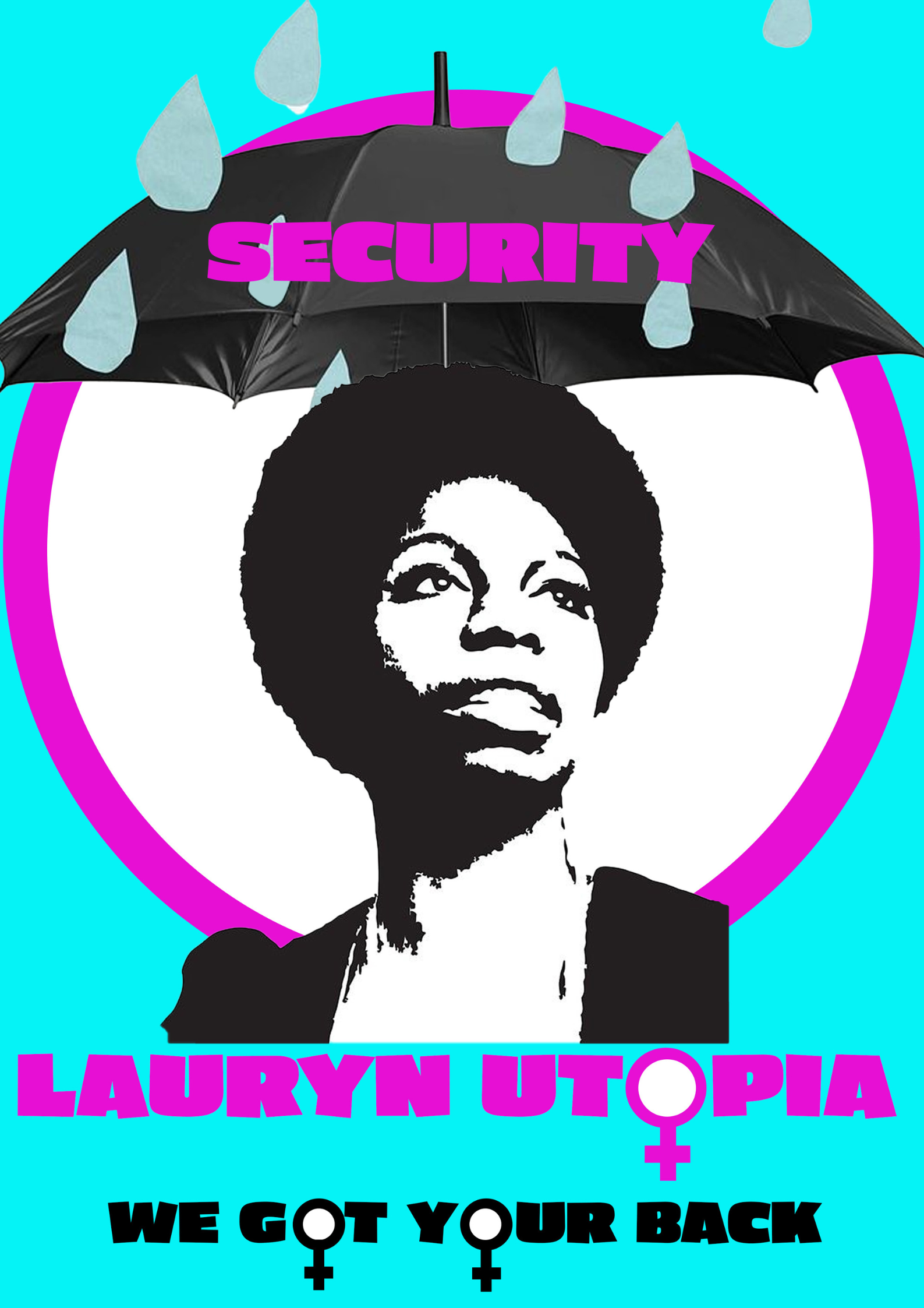 A graphic illustration featuring a woman with an afro hairstyle, a black jacket, and a white shirt. An open black umbrella with blue raindrops and the word 'SECURITY' in purple is above her head. The background is cyan with a pink circle framing her 