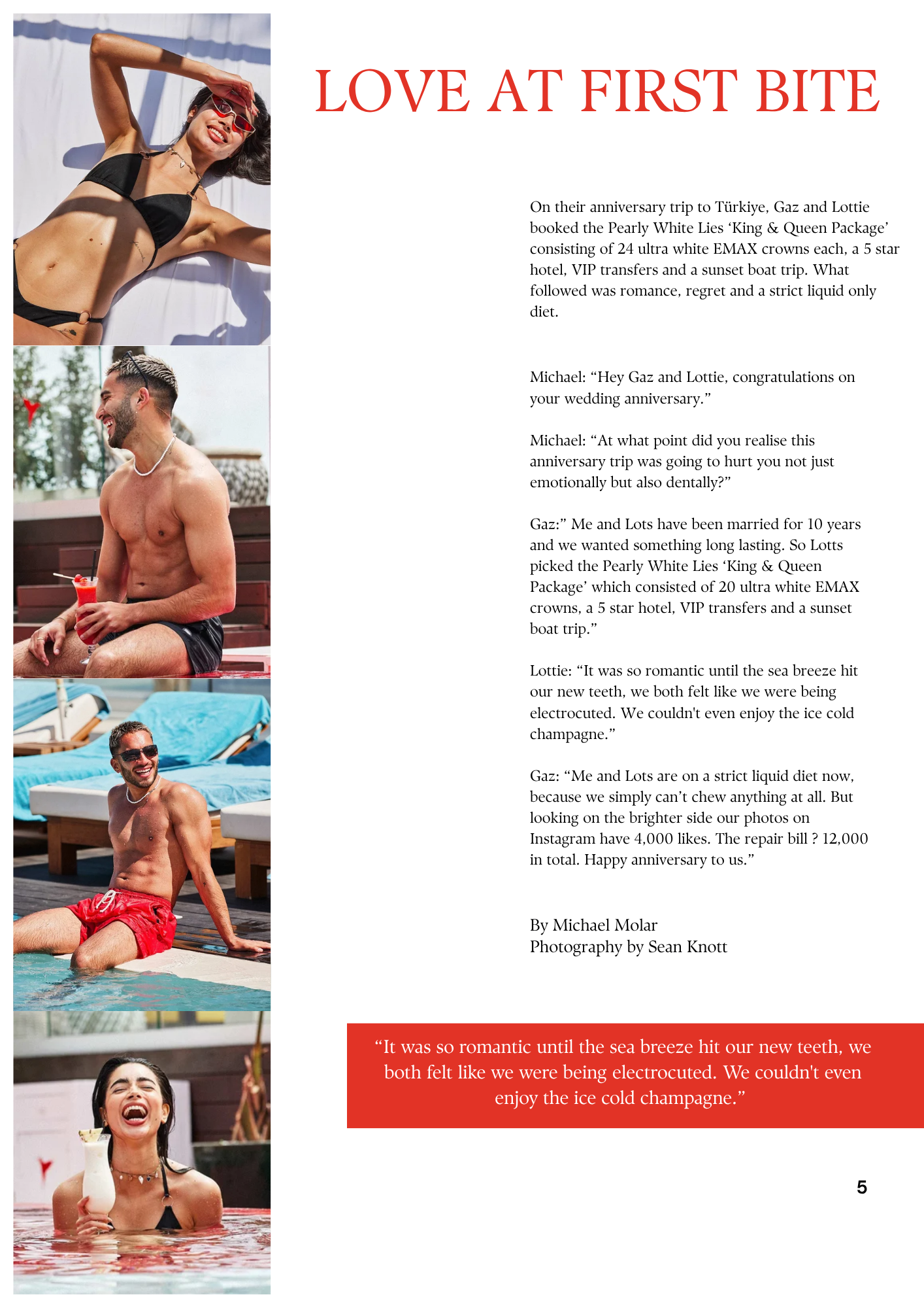 A collage of four photos of people enjoying summer activities, with a text block on the right describing a humorous anniversary story involving a trip to Turkey and a humorous exchange about their wedding anniversary.